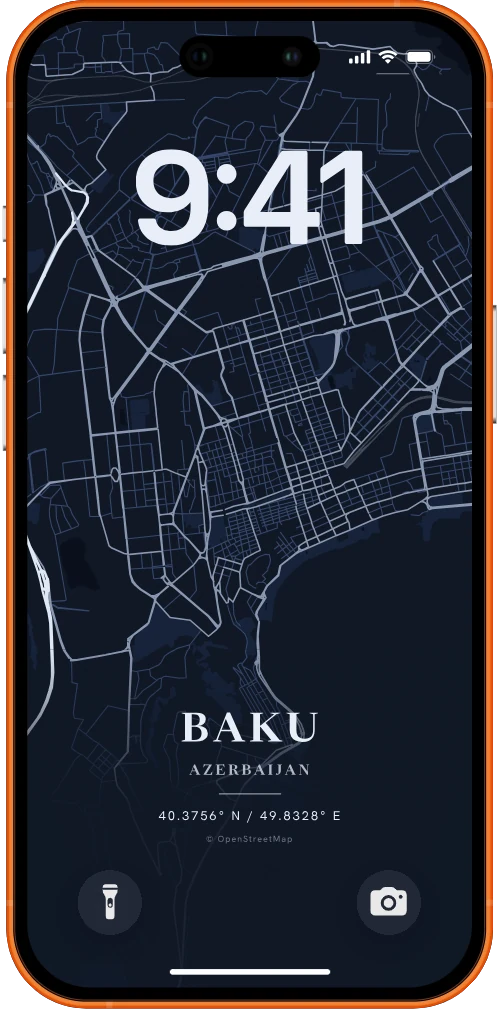 iPhone with the atlas wallpaper — a map poster of Baku in porcelain lines on deep navy
