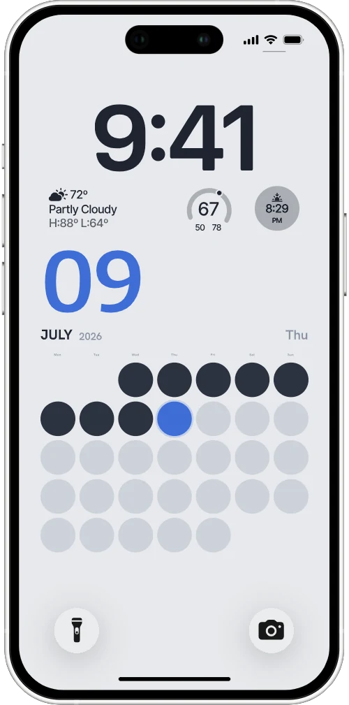 iPhone with the day-focus wallpaper — a large blue day number above the month grid on soft gray
