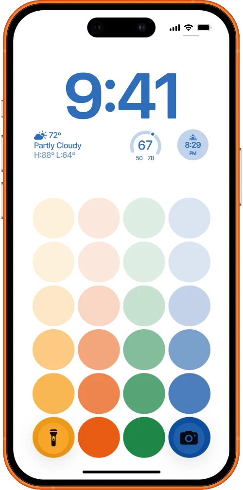iPhone with the dots wallpaper — columns of signal-colored dots deepening toward the bottom on white