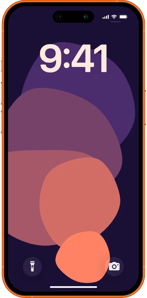 iPhone with the flow wallpaper — stacked violet blobs warming into coral