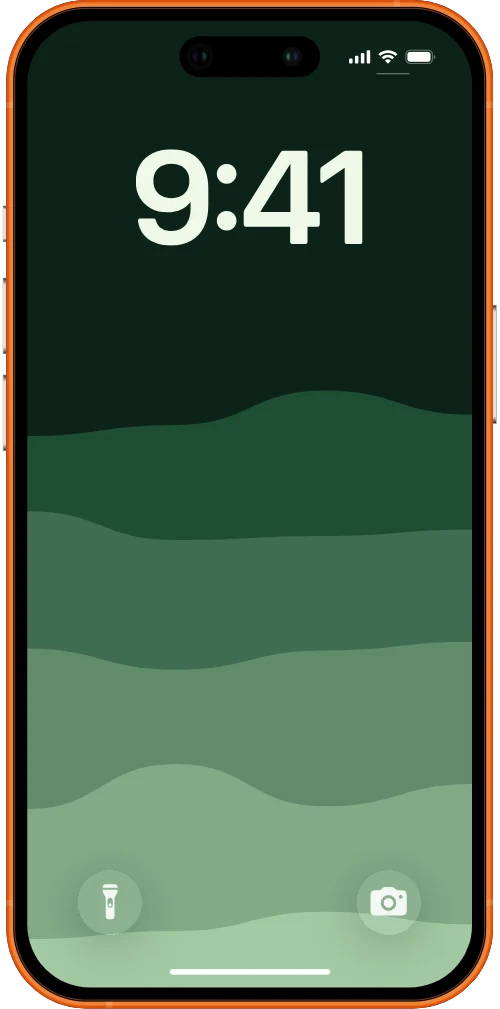 iPhone with the flow wallpaper — layered green waves rising from lichen-pale to forest dark