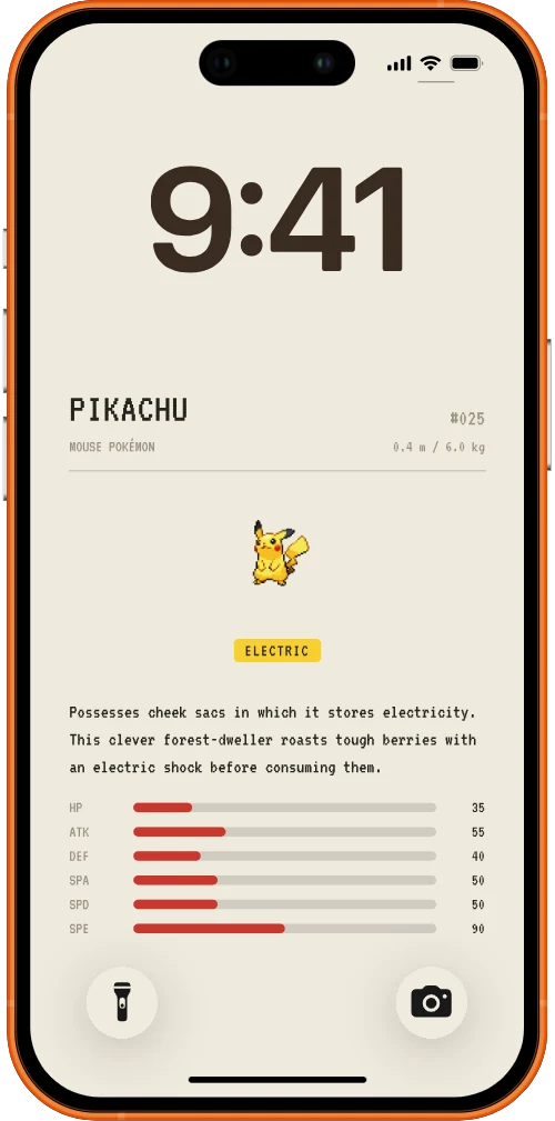 iPhone with the pokédex wallpaper — Pikachu's field entry in dark ink on warm paper with red stat bars