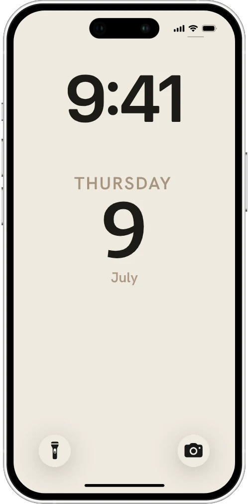 iPhone with the today wallpaper — the weekday and a large ink day number on warm cream