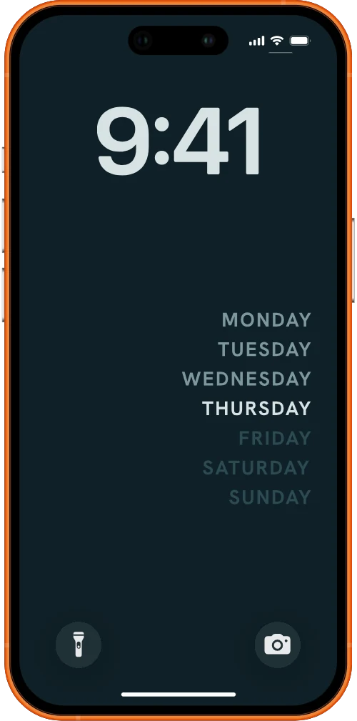 iPhone with the weekdays wallpaper — the week stacked in deep teal with today lit sea-glass pale